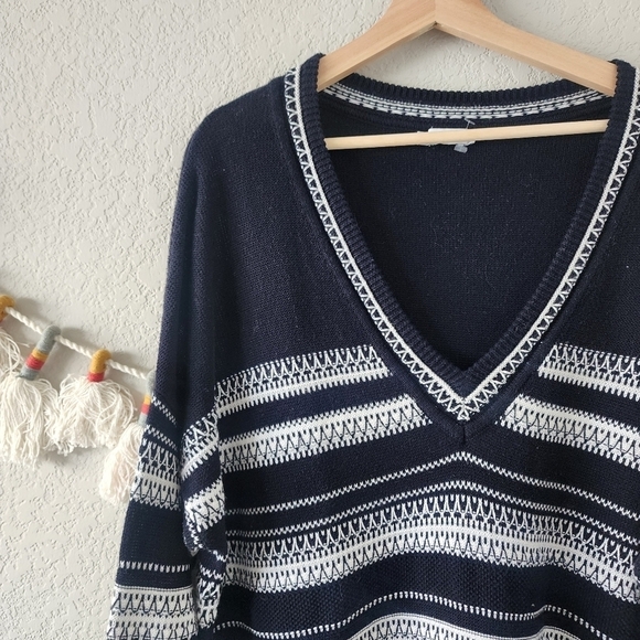 Vince Cotton Knit Striped V-neck Oversized Tunic Sweater Top Black Minimalist XL - Picture 3 of 11